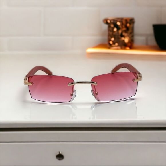 Accessories - Awesome Shades! Variated Pink Rectangular Lens with Wood Tone Arms